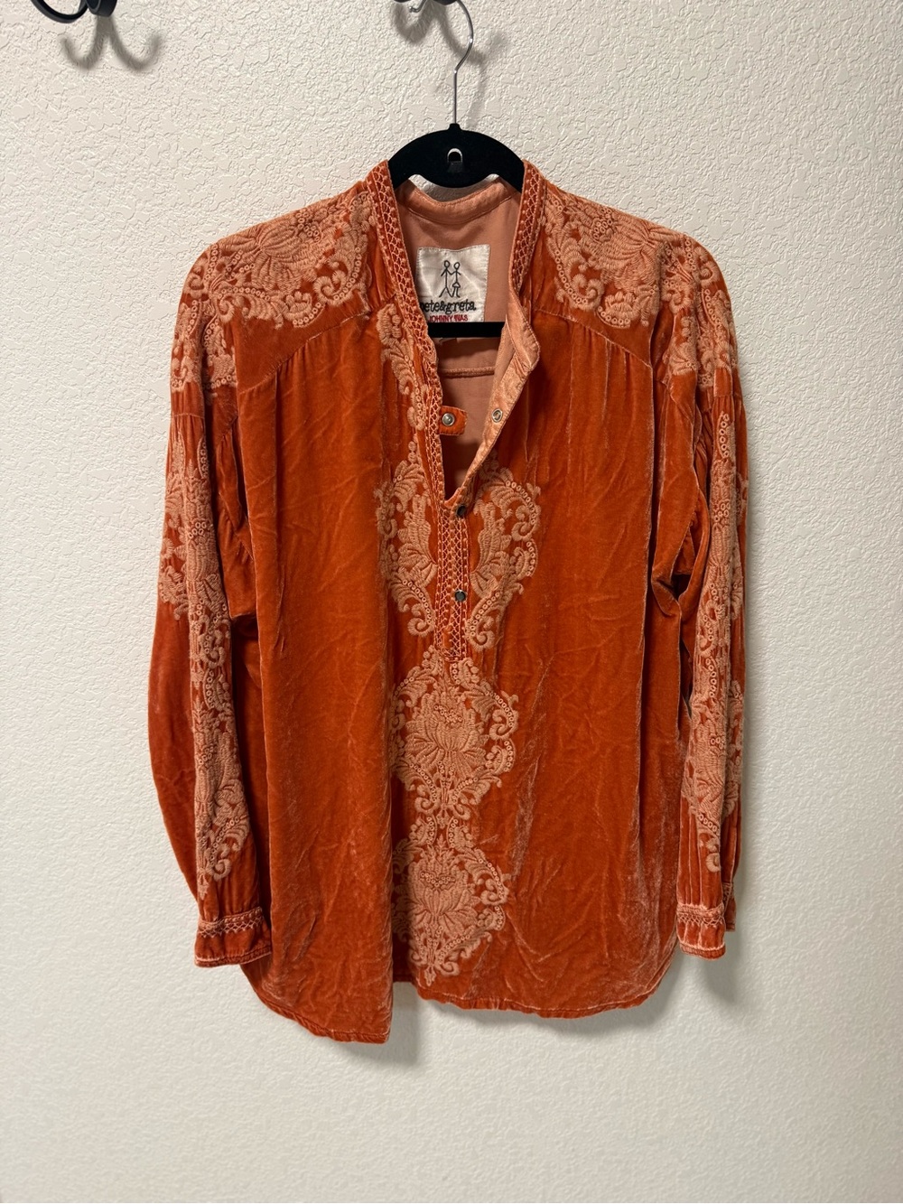 Johnny Was Peach-Orange Velvet Embroidered Tunic